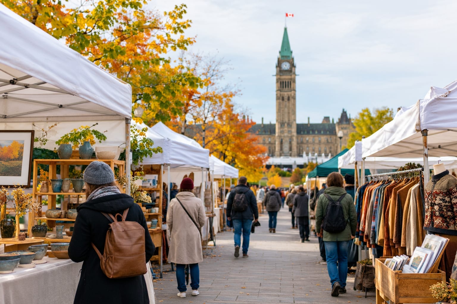 Shoppers browsing vintage and artisan stalls at an outdoor fall market