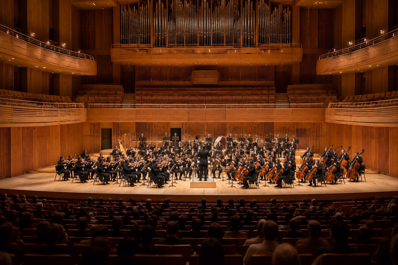 Orchestra on stage in a warm concert hall before a Sunday family concert