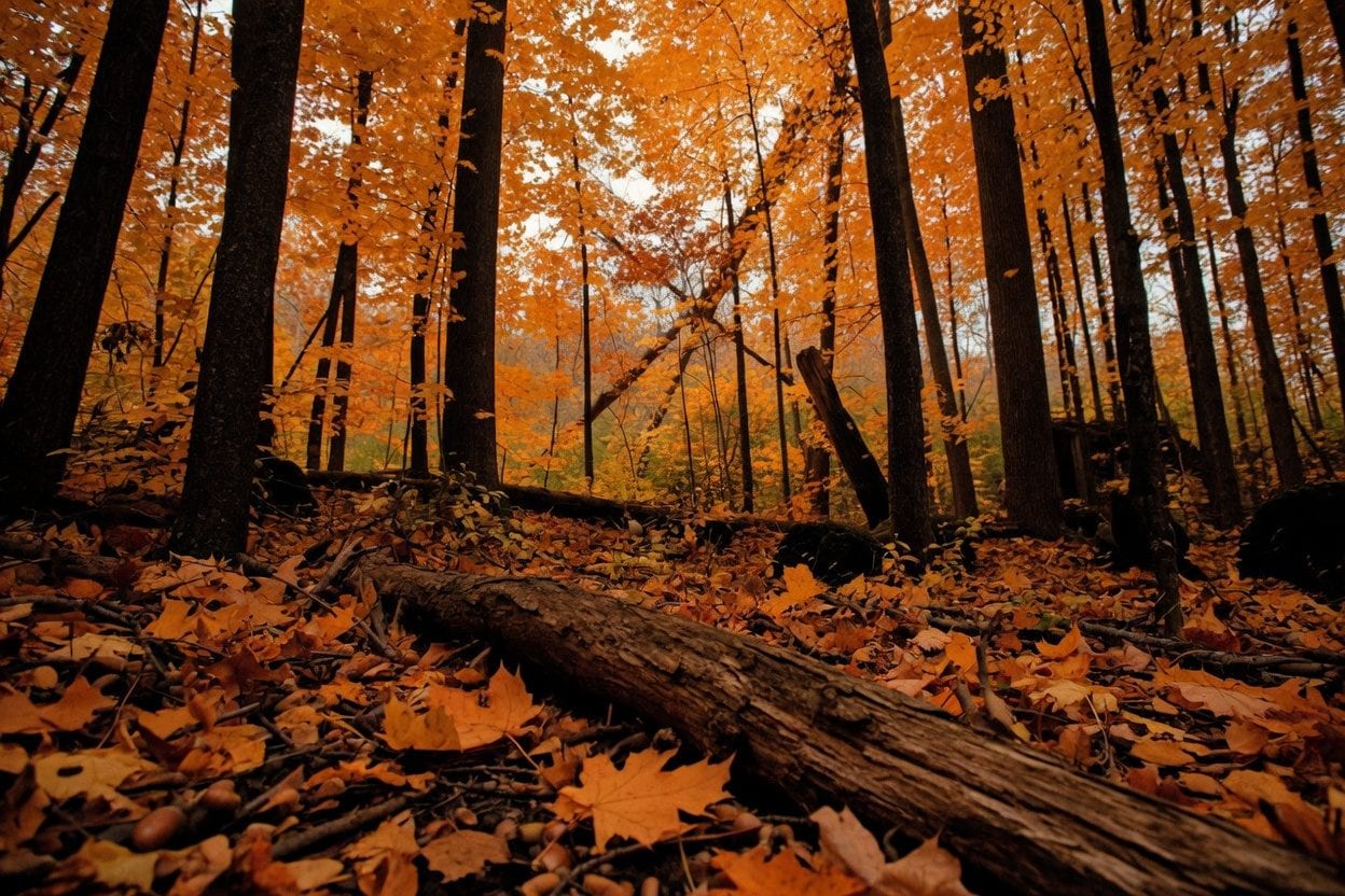 Forest path covered in autumn yellow leaves in Gatineau Park