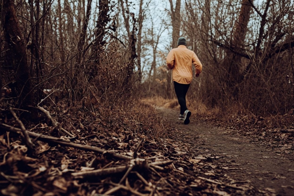 Trail runner on a path through a dark forest with dappled light