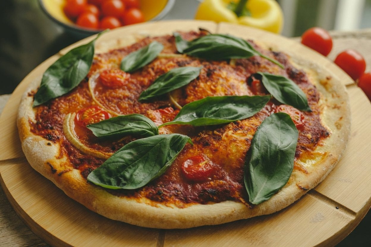 Vegan pizza slice on a wooden board