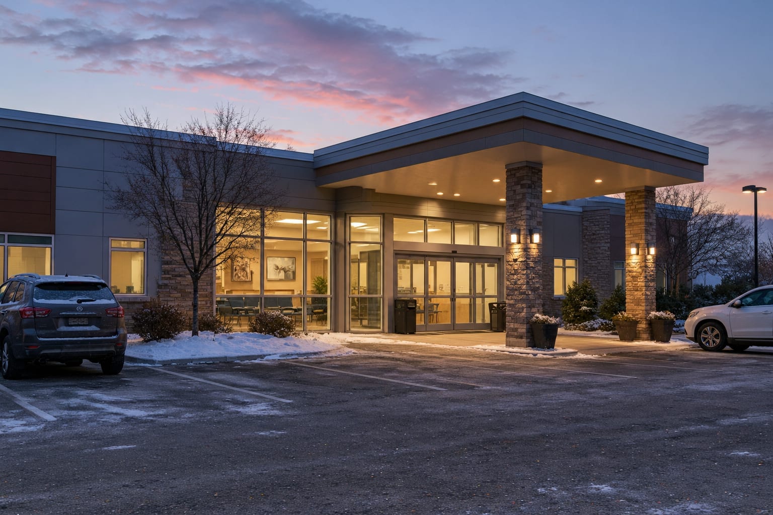 The lit entrance of an animal emergency hospital at dusk with a light dusting of snow