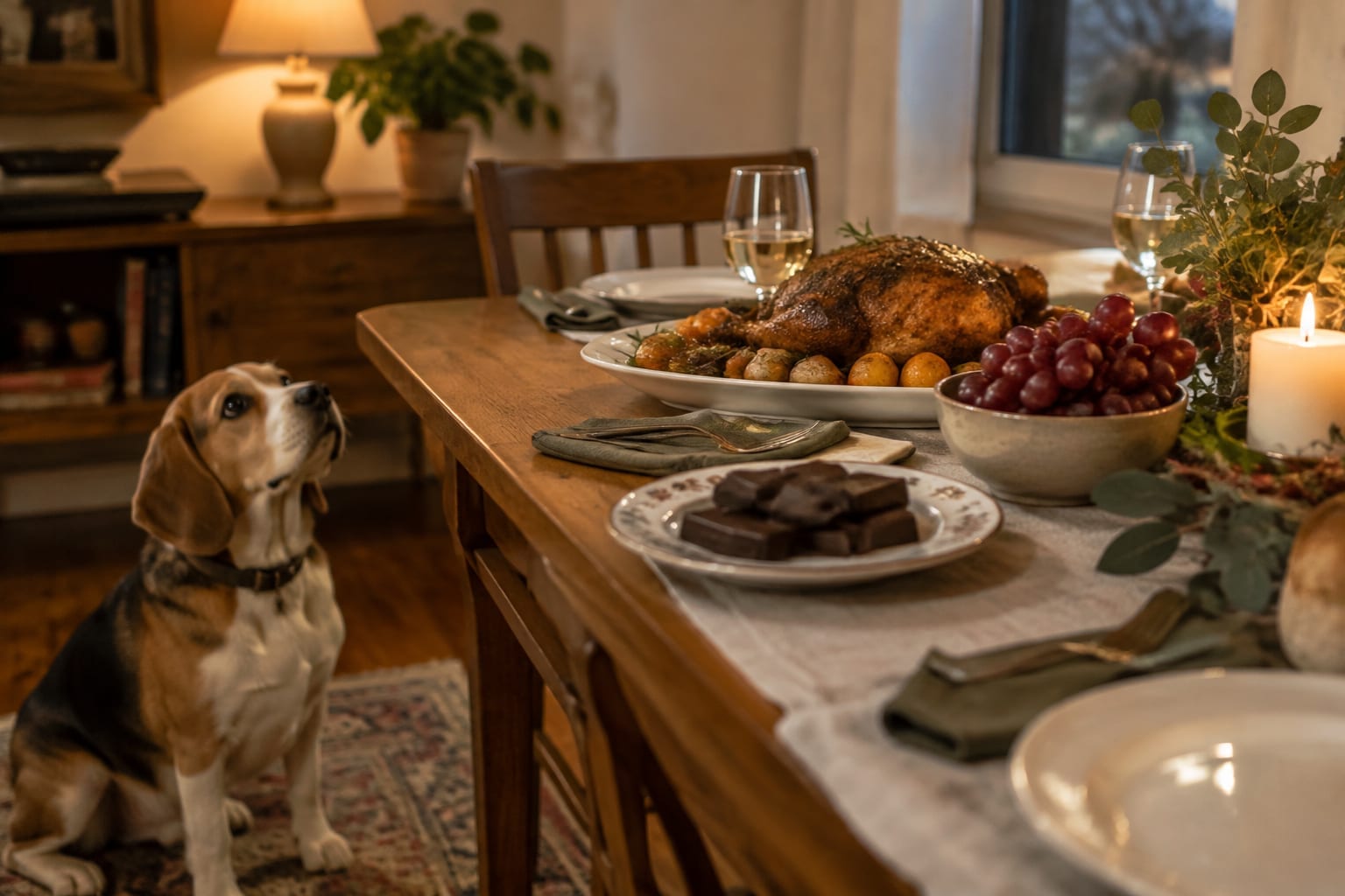 A holiday table with chocolate, grapes and a roast beside a curious dog looking up