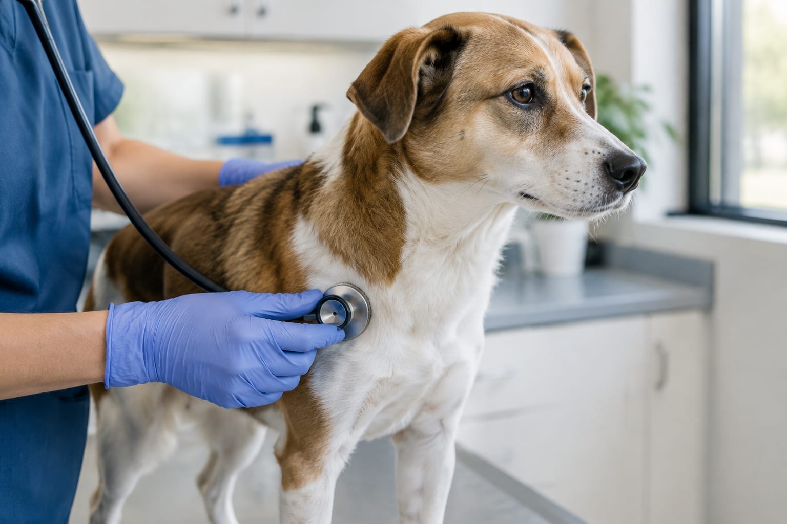 A veterinarian's hands checking a calm dog on an exam table in a bright Ottawa clinic