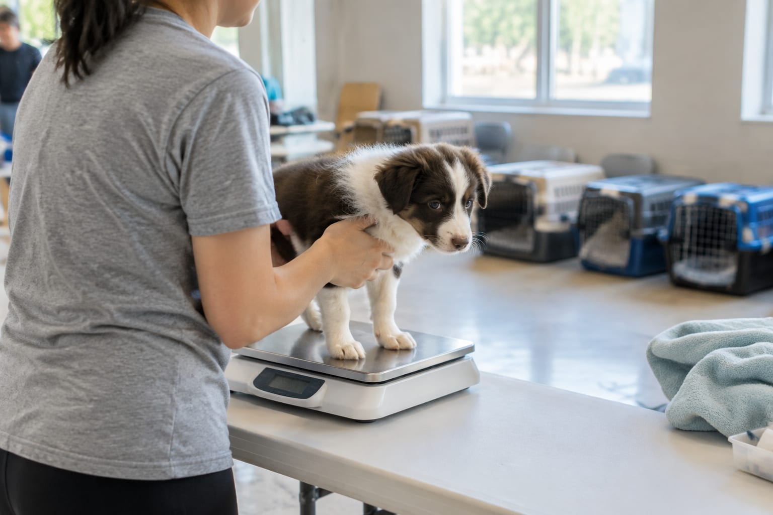 A volunteer weighing a puppy at a community pet wellness clinic table