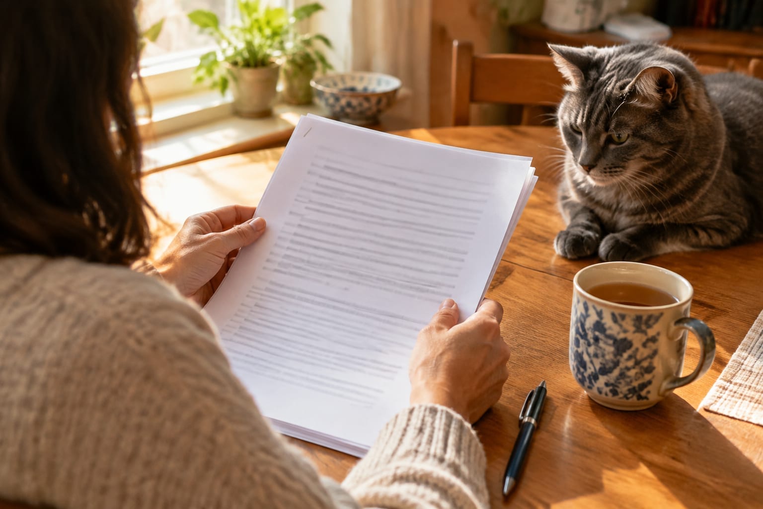 A person reviewing a printed policy document at a kitchen table with a cat nearby
