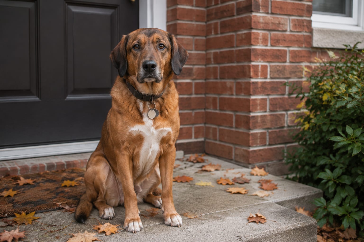 A dog wearing a collar with a metal ID tag sitting beside a front door in Ottawa
