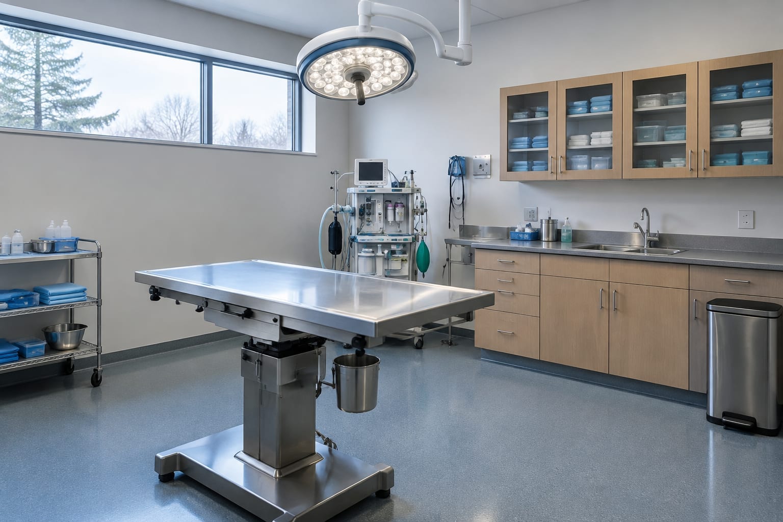 A quiet surgical prep room in a veterinary clinic with an empty table and overhead light