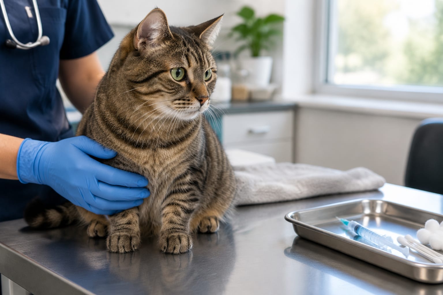 A cat being examined on a clinic table while a vaccine syringe sits on a tray