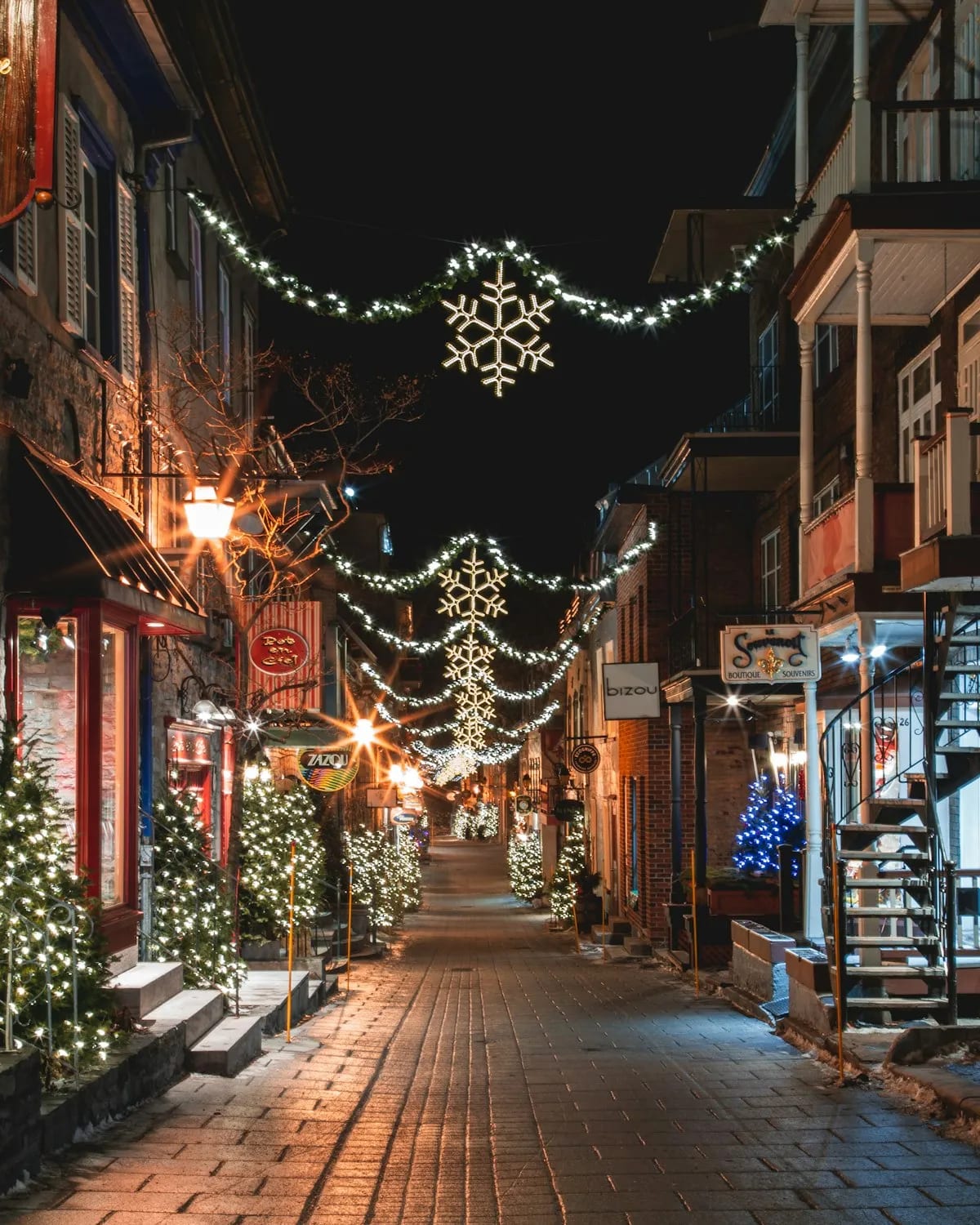 Heritage village decorated with Christmas lights at Cumberland Museum