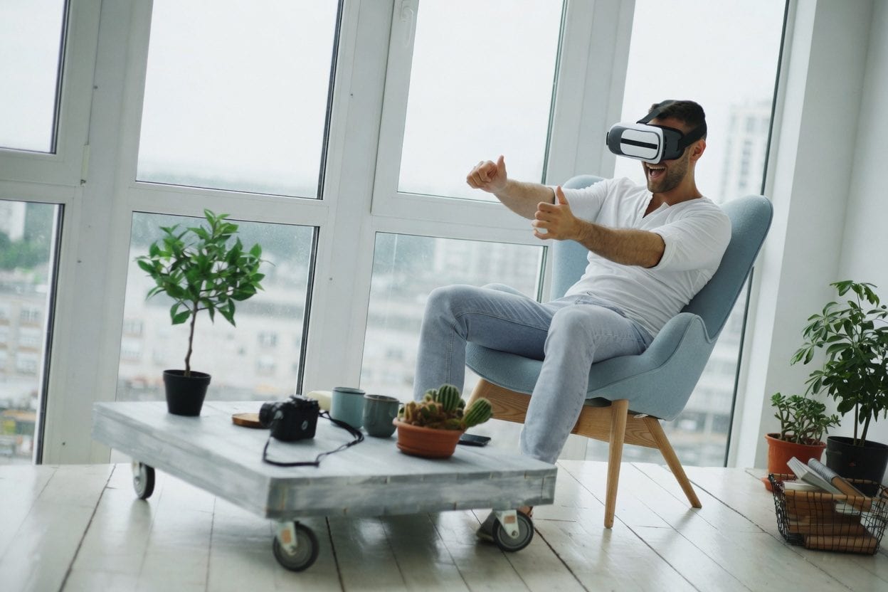 VR headset and controller on a bench