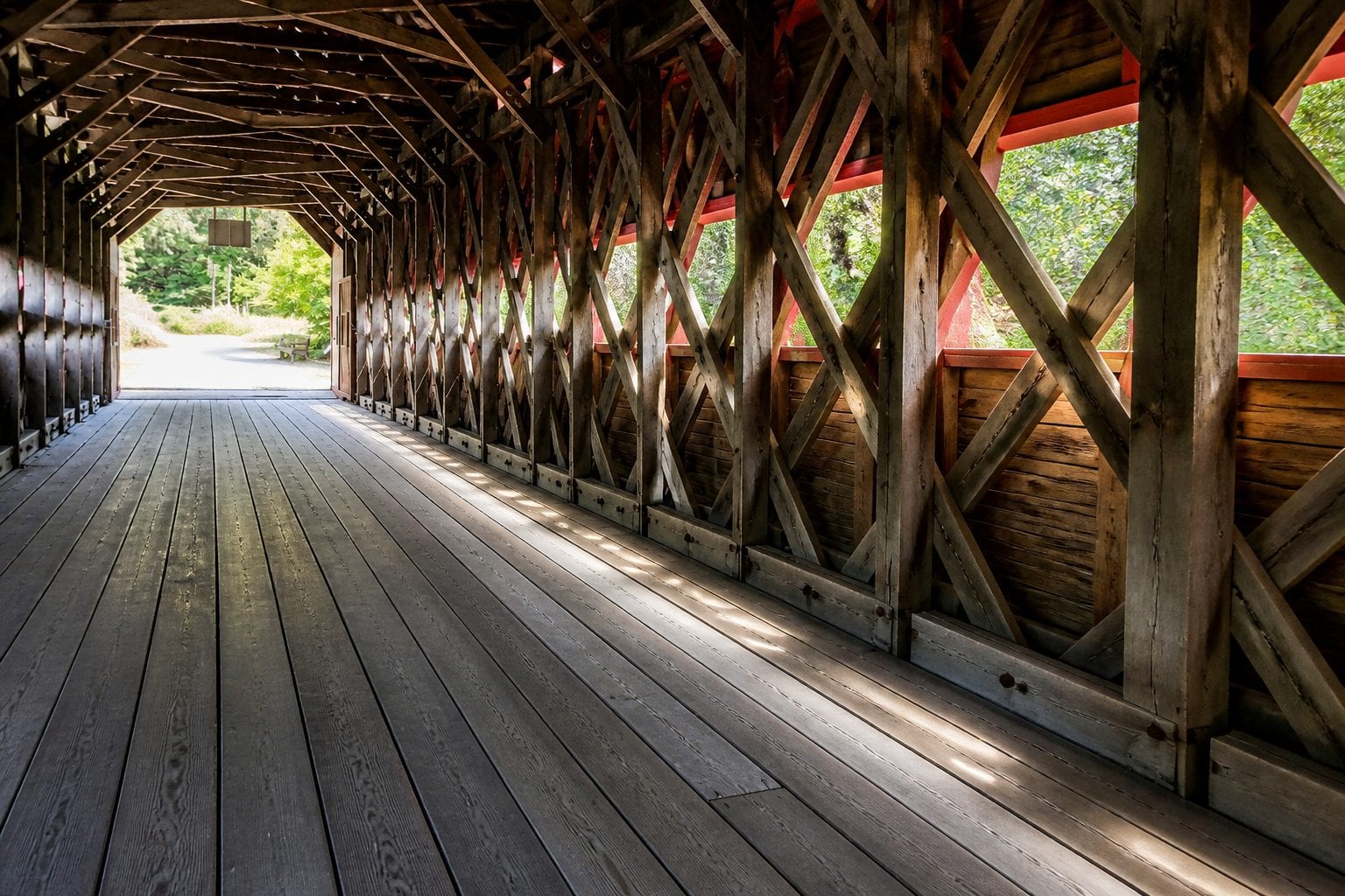 Interior walkway of the Wakefield covered bridge near Fairbairn House