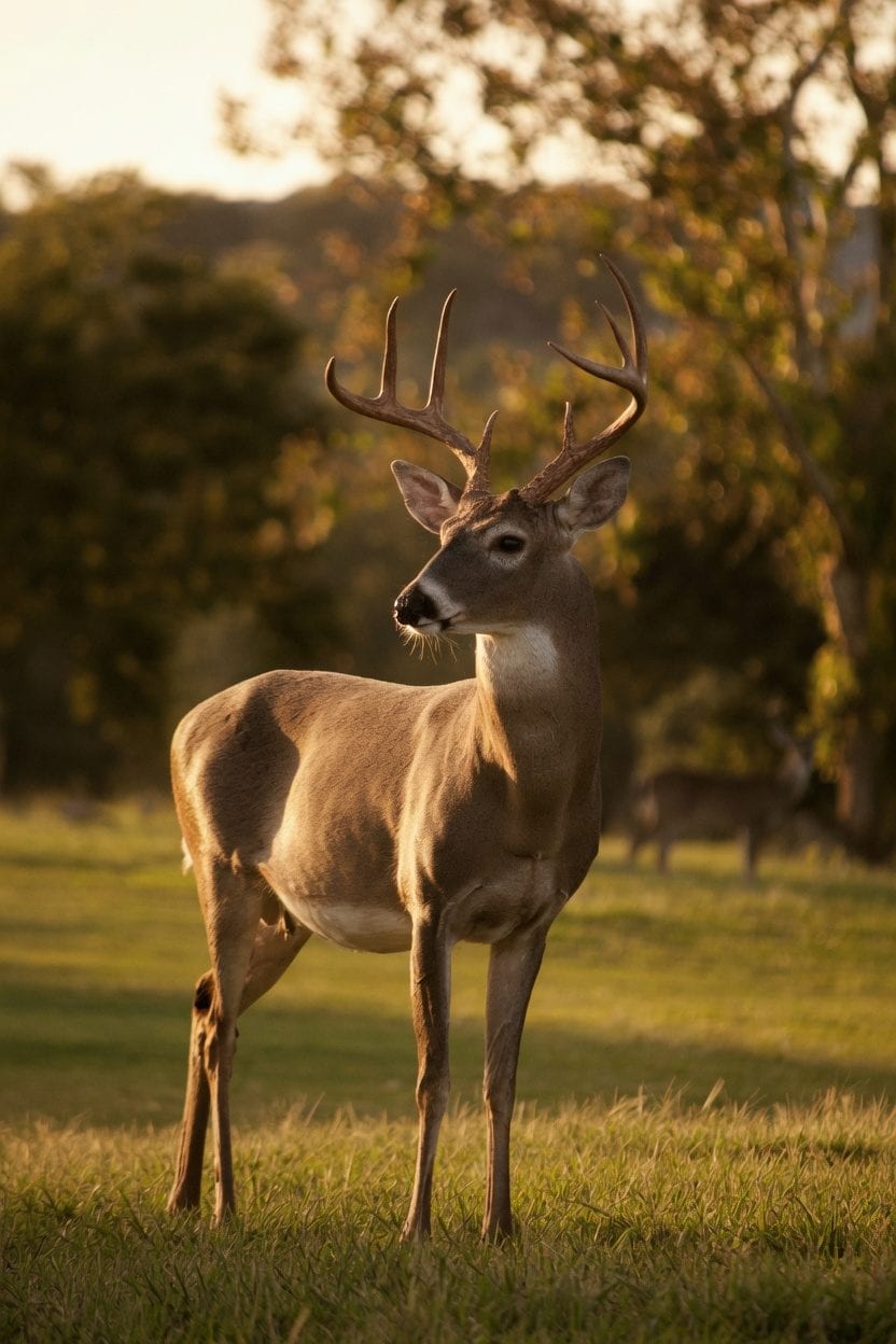 White-tailed deer crossing a road at dusk