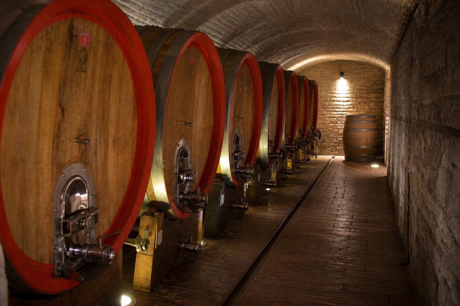 Rows of wine barrels aging in an oak barrel cellar at a winery