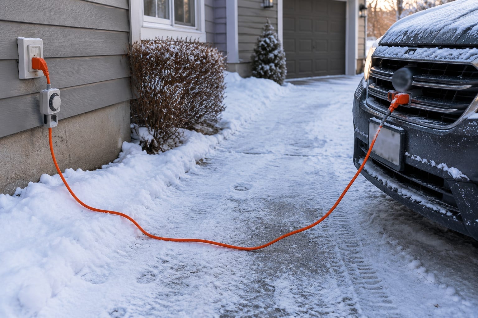 A car's engine block heater power cord plugged into an outdoor extension cord beside a snowy driveway in Ottawa