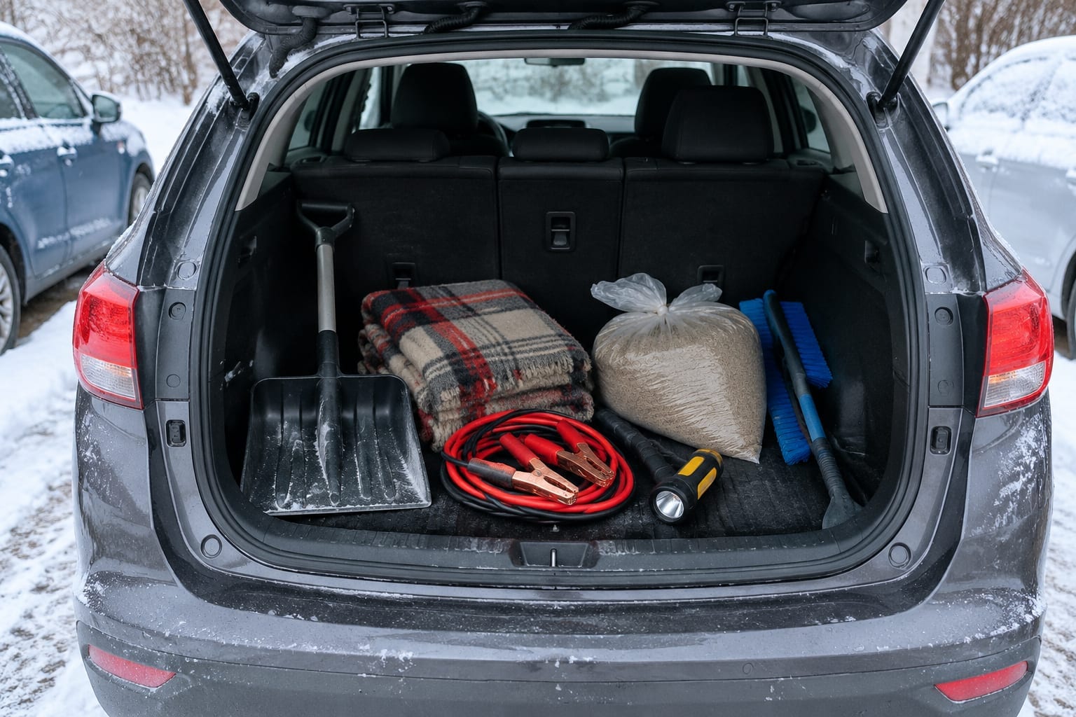 An open car trunk with a small shovel, blanket, booster cables and a flashlight packed in a winter emergency kit