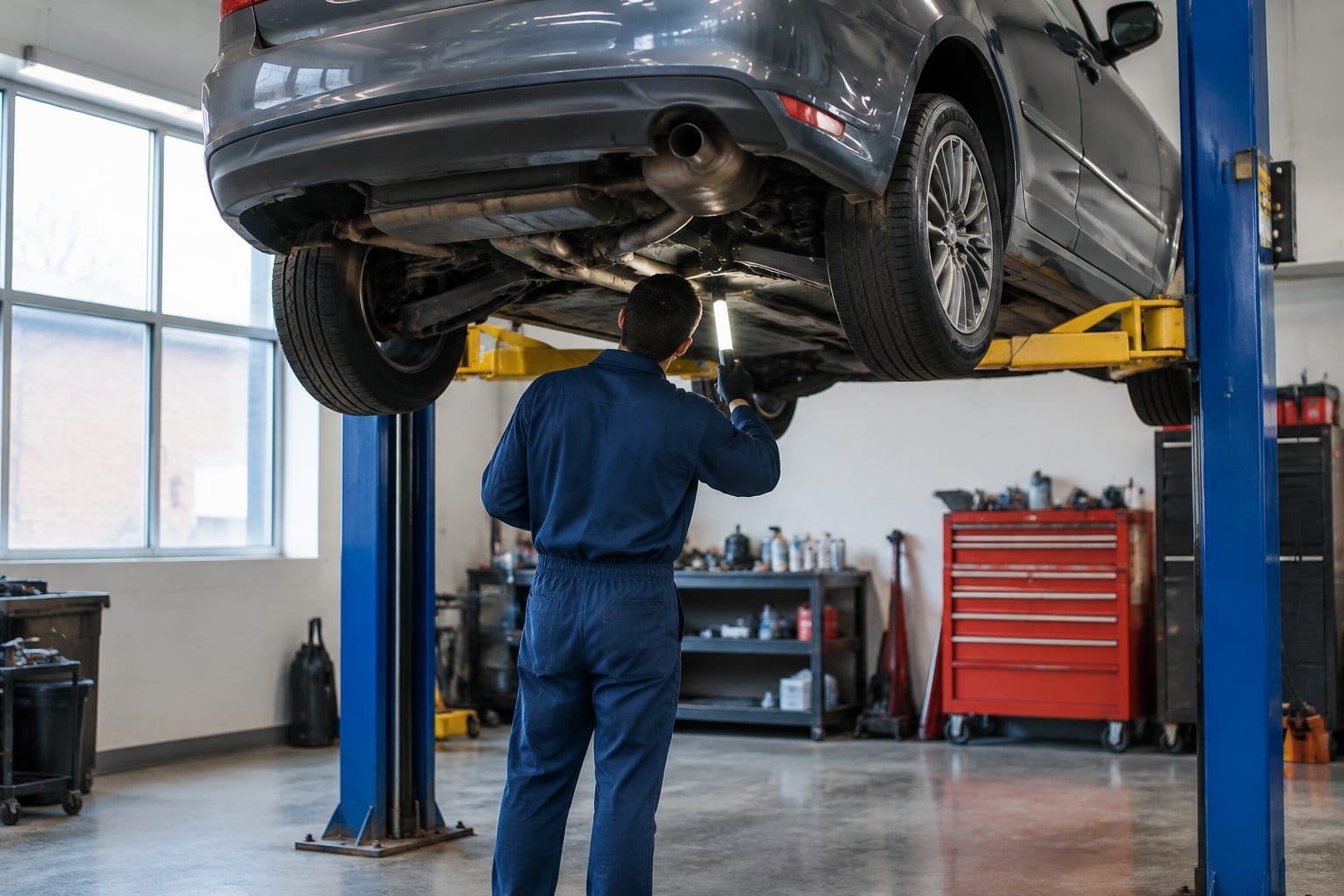 A car raised on a hoist in a bright Ottawa auto repair shop with a technician inspecting the underside