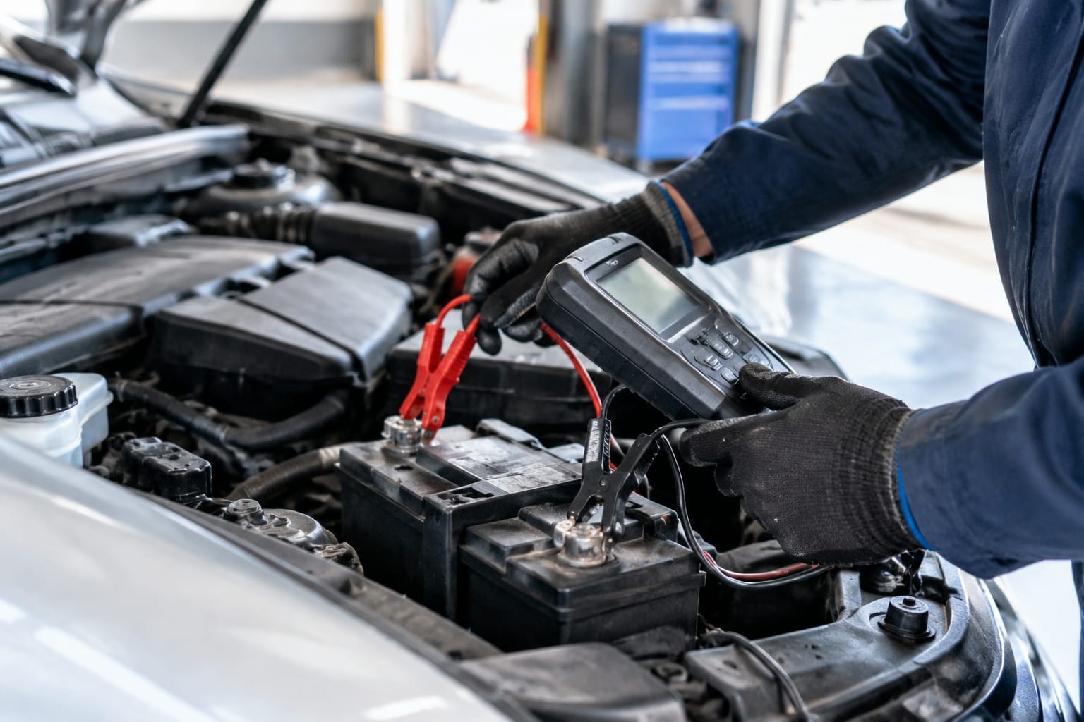 A mechanic's gloved hands checking a car battery under the open hood in a garage in Ottawa