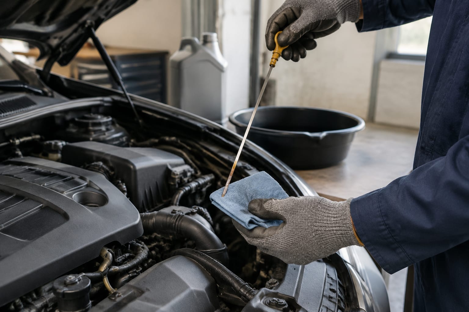 A mechanic pulling an oil dipstick from a car engine and checking the oil colour in a garage in Ottawa