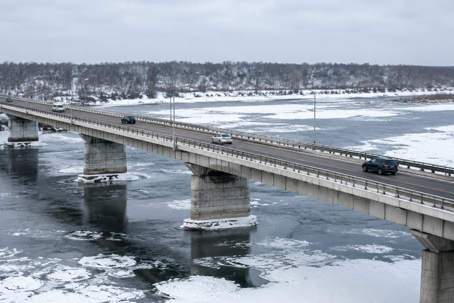 A car crossing a bridge over the Ottawa River toward Gatineau on a snowy winter day