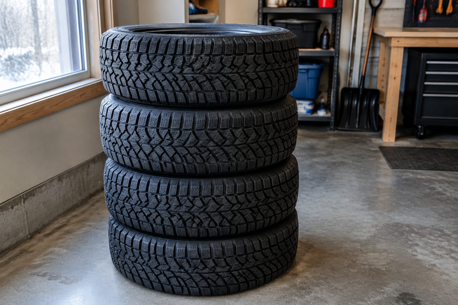 A set of four winter tires with deep tread stacked in a garage in Ottawa