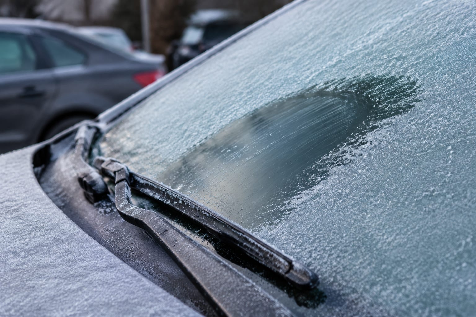 Worn wiper blades and a frosted windshield on a parked car on a street in Ottawa on a cold morning