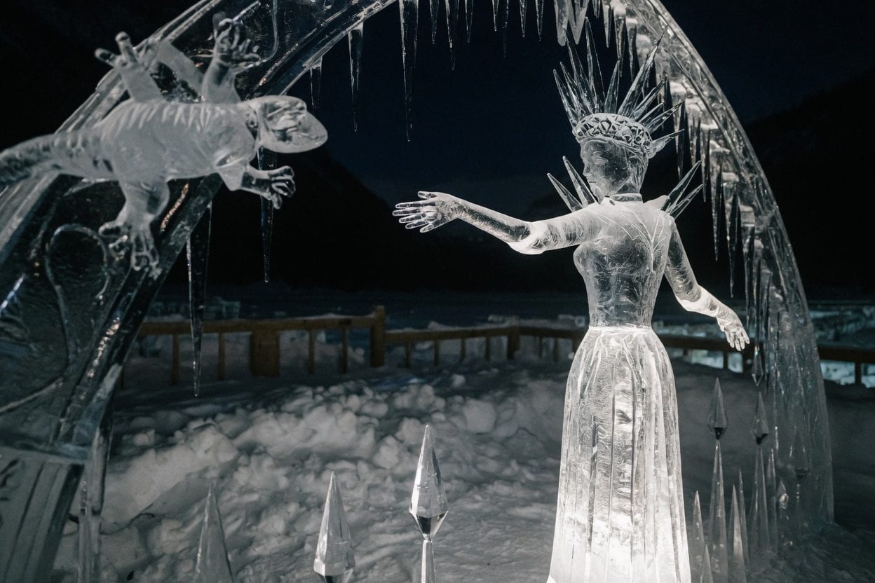 Ice sculptures at Winterlude illuminated at night