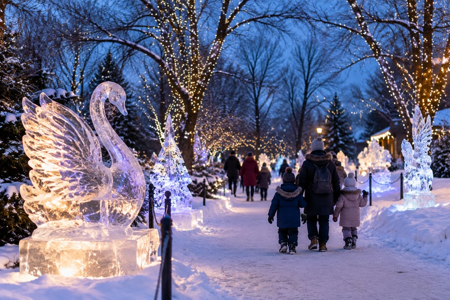 Visitors in winter coats walking between lit ice sculptures at dusk in downtown Ottawa