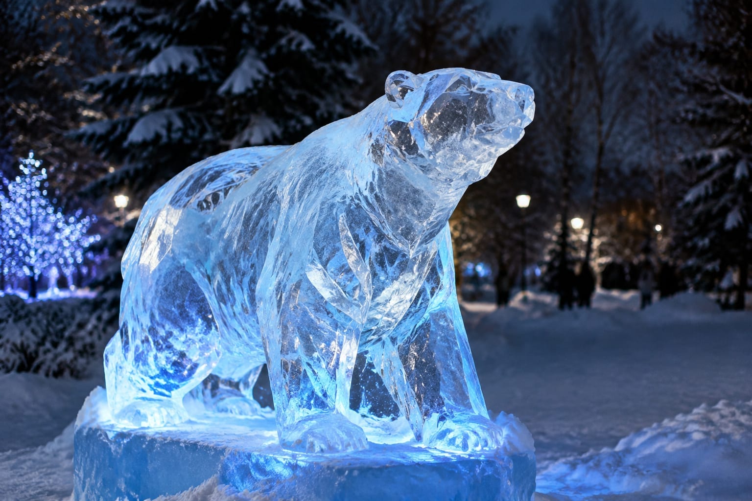 Close view of a carved ice sculpture lit in blue and white at night in a downtown Ottawa park