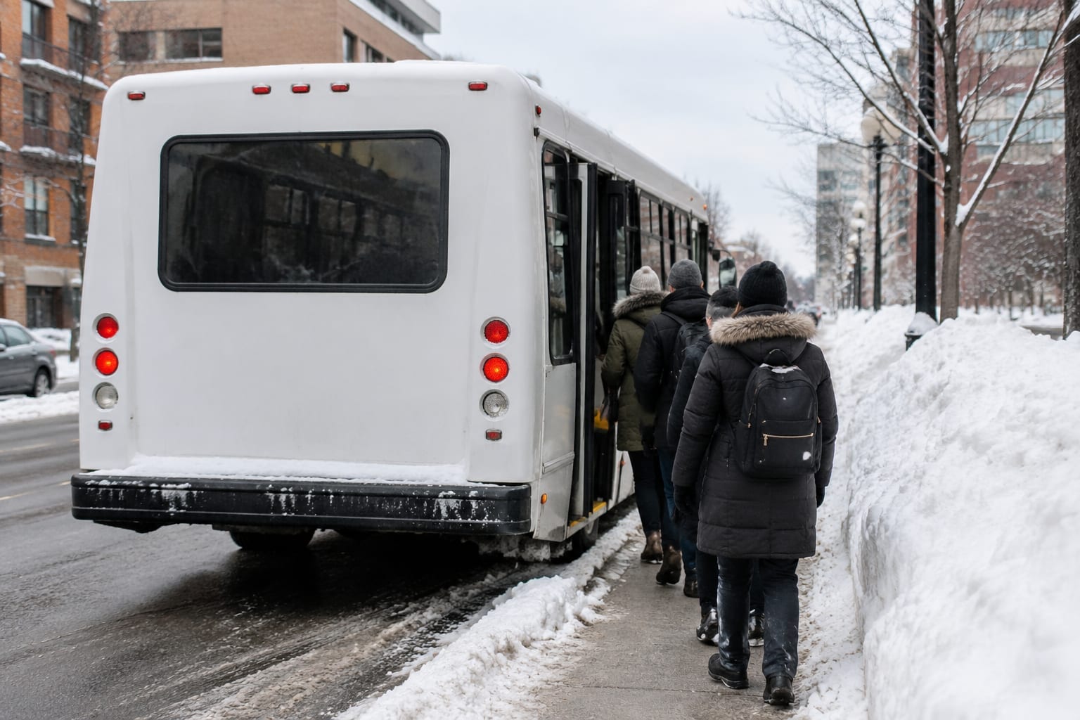 A city shuttle bus stopped beside snowbanks on a winter street in downtown Ottawa