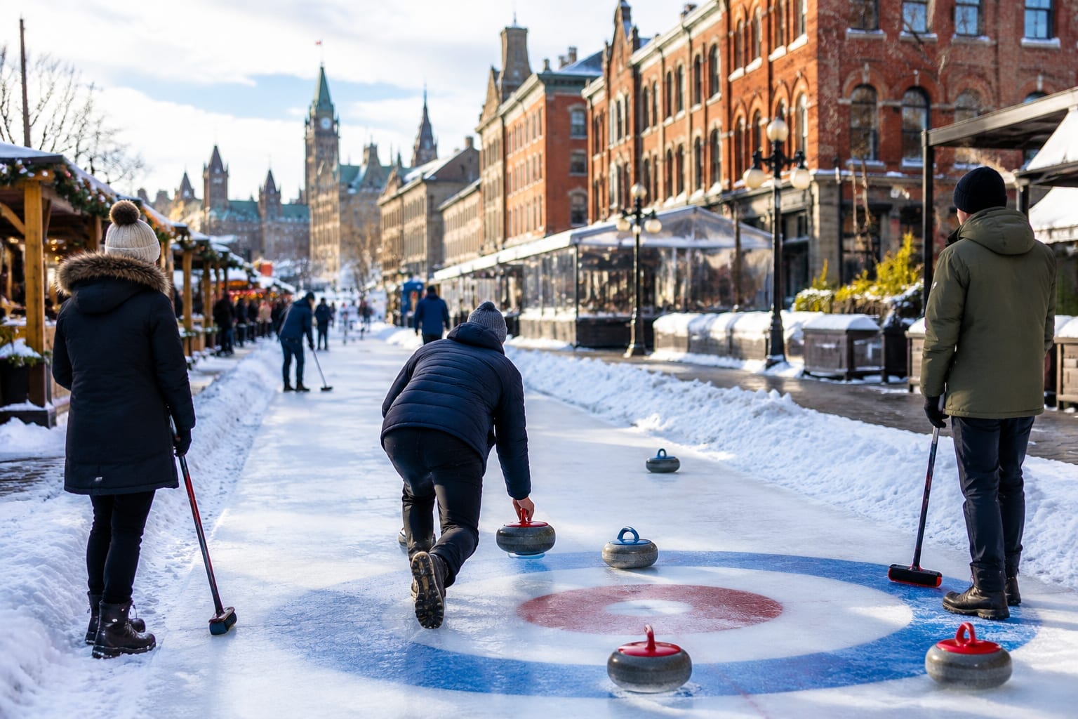 People curling with stones on a snow-covered street lined with heritage buildings in the ByWard Market