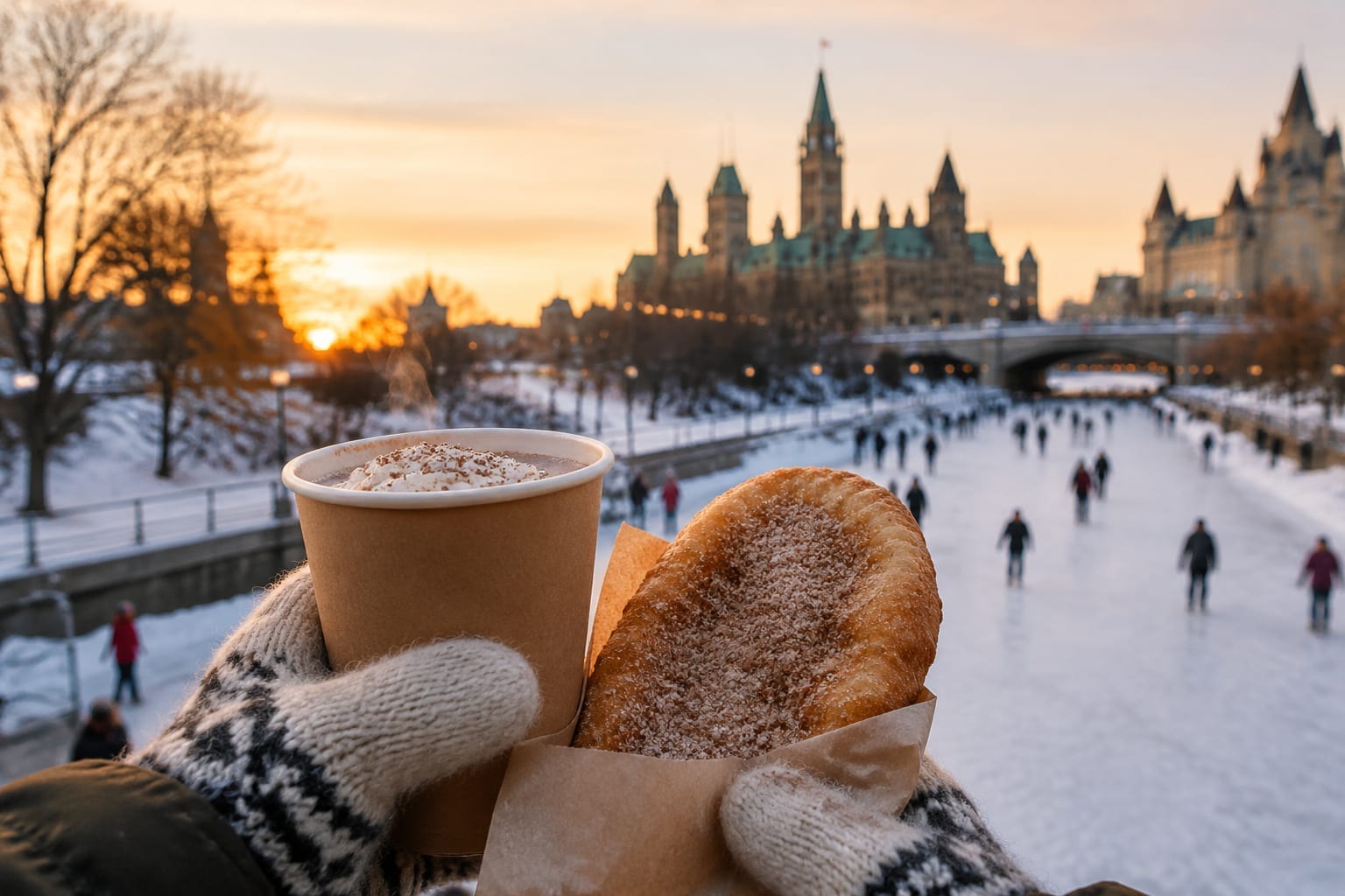 Steaming hot drinks and a fried pastry held in mittened hands beside a frozen canal at dusk