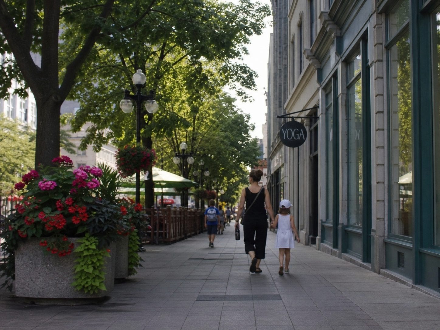 Tree-lined Glebe street with a yoga studio storefront