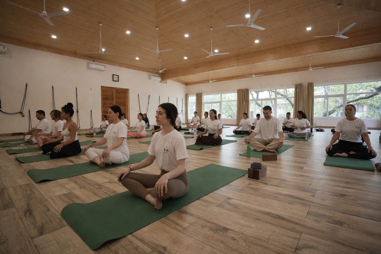 Community yoga class in a bright multipurpose room