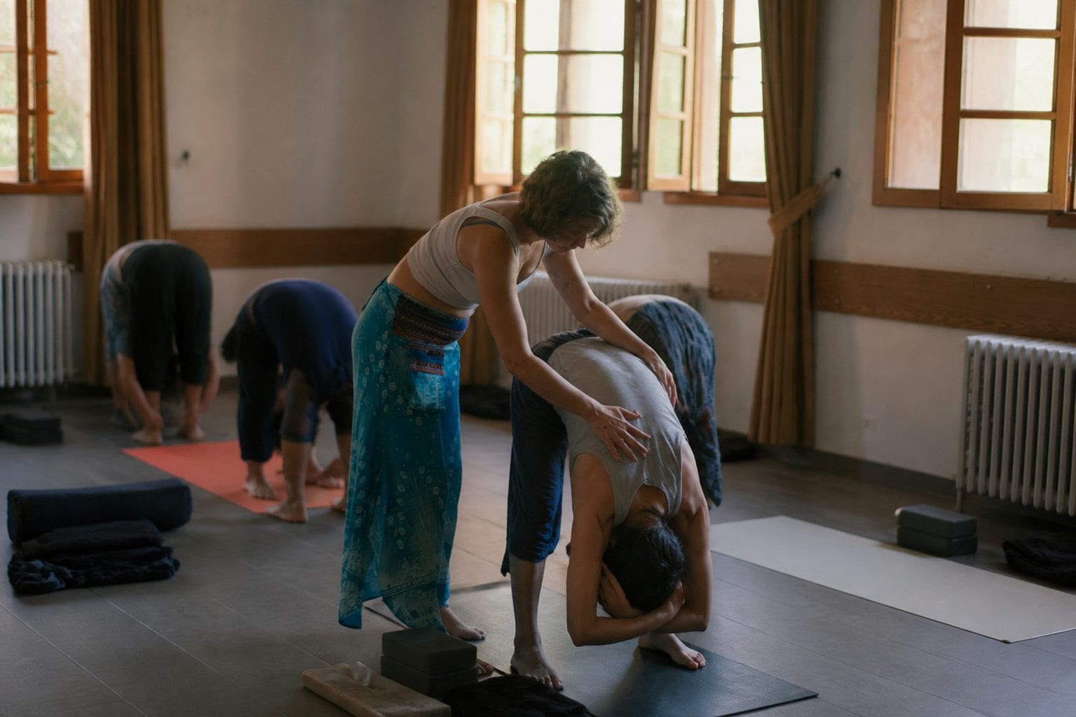 Yoga class with props set for beginners