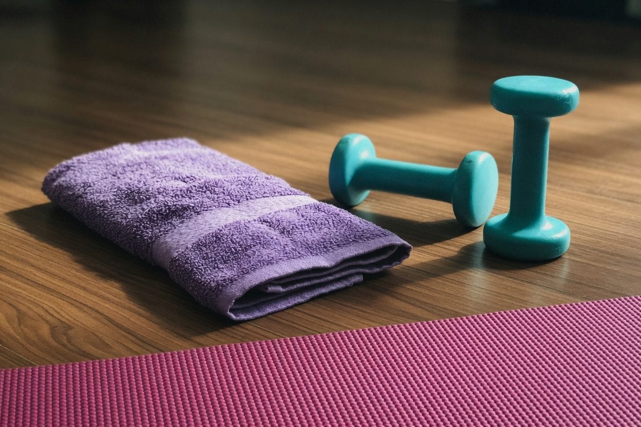 Yoga mat, towel, and water bottle ready for class