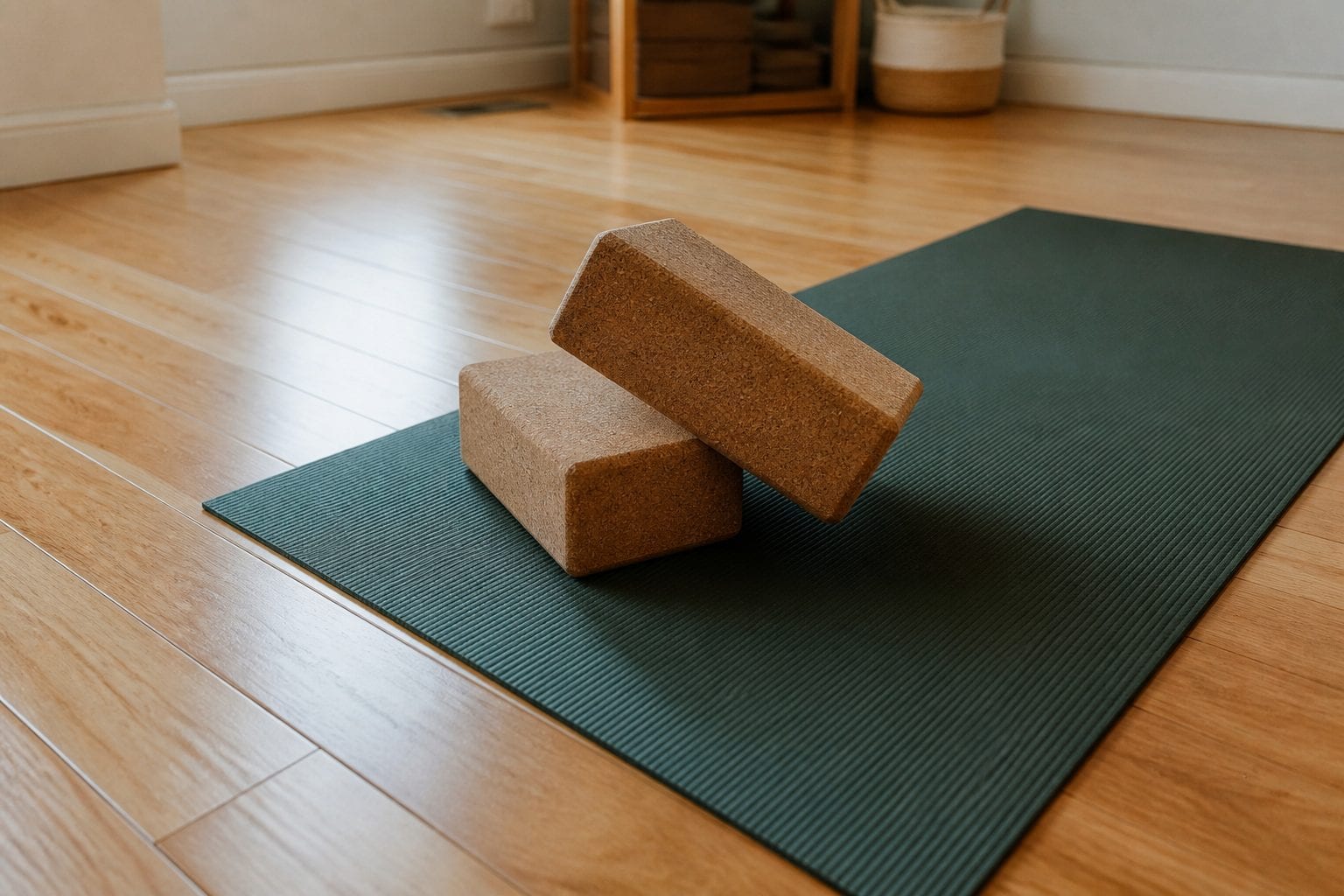 Yoga mats and blocks arranged in a bright studio